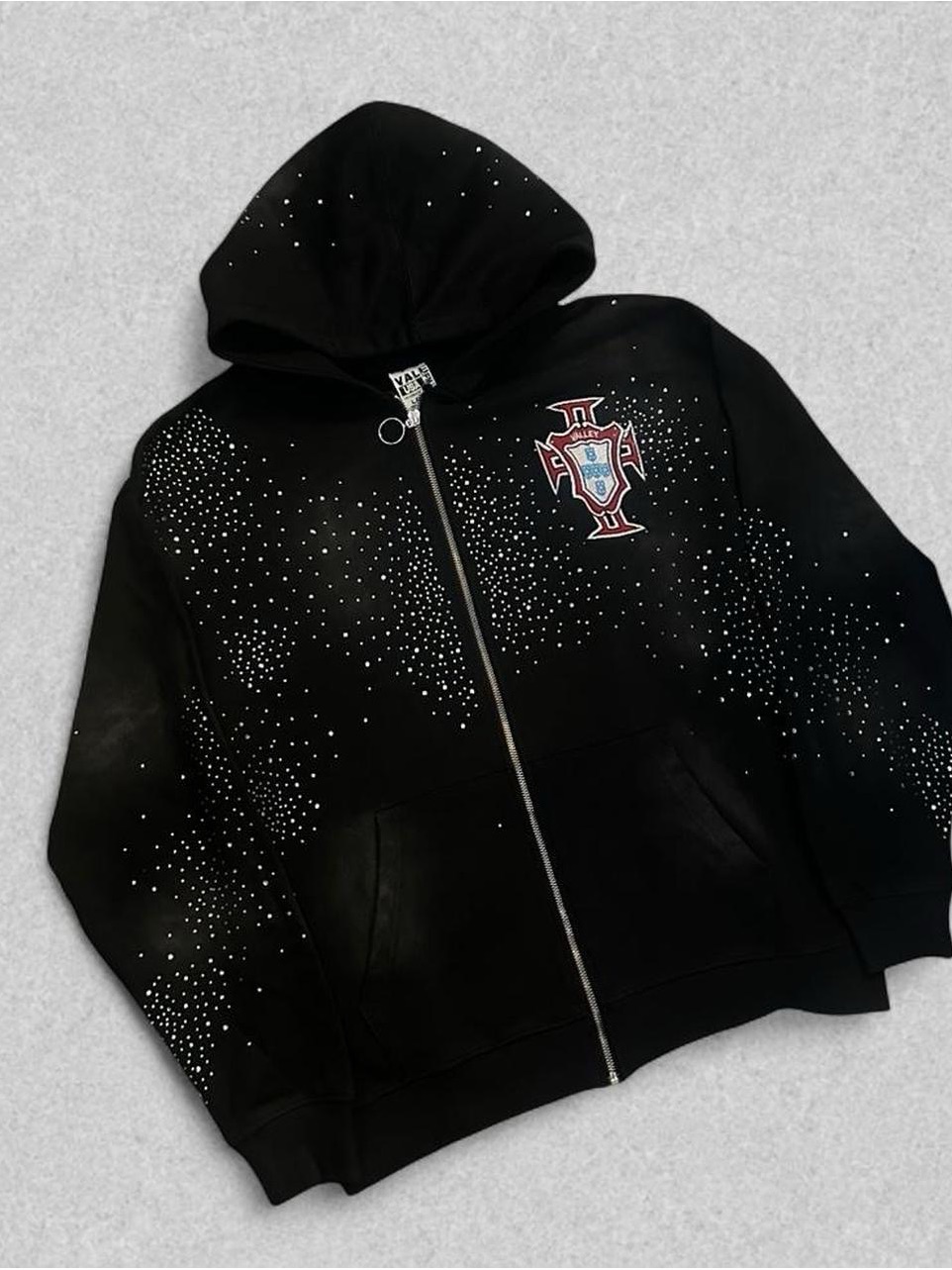 Black Studded Full-Zip Hoodie With Emblem